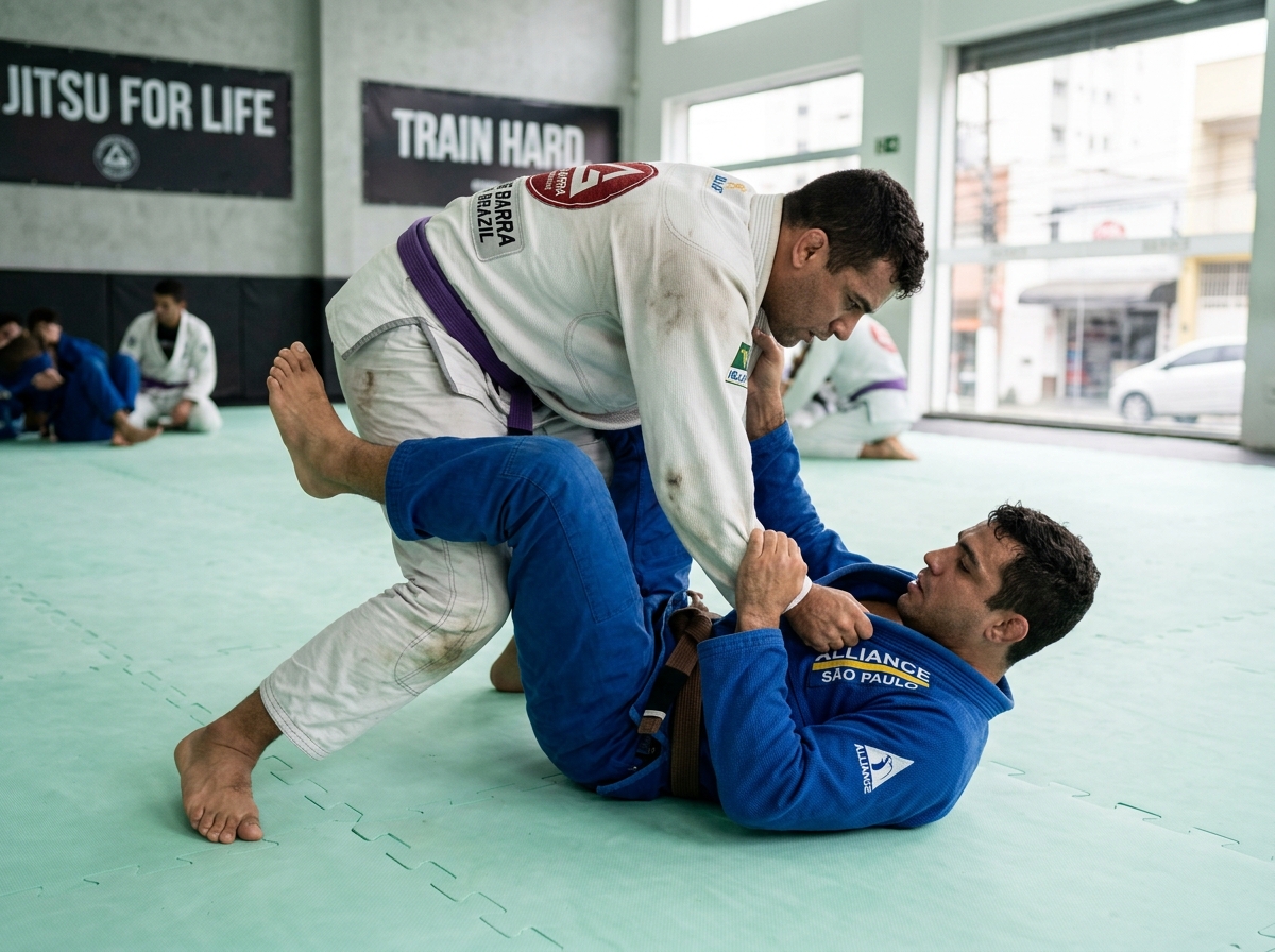BJJ Gi Guard Pass Match on Dojo Mat